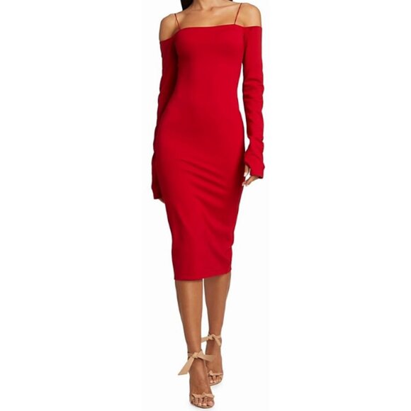 Alice + Olivia Dorinda Red Off Shoulder Fitted Midi Dress Revolve 0 - Picture 2 of 11
